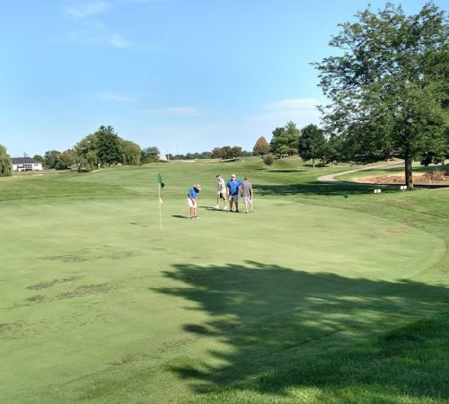 Golf course green with male golfers standing near the flag.