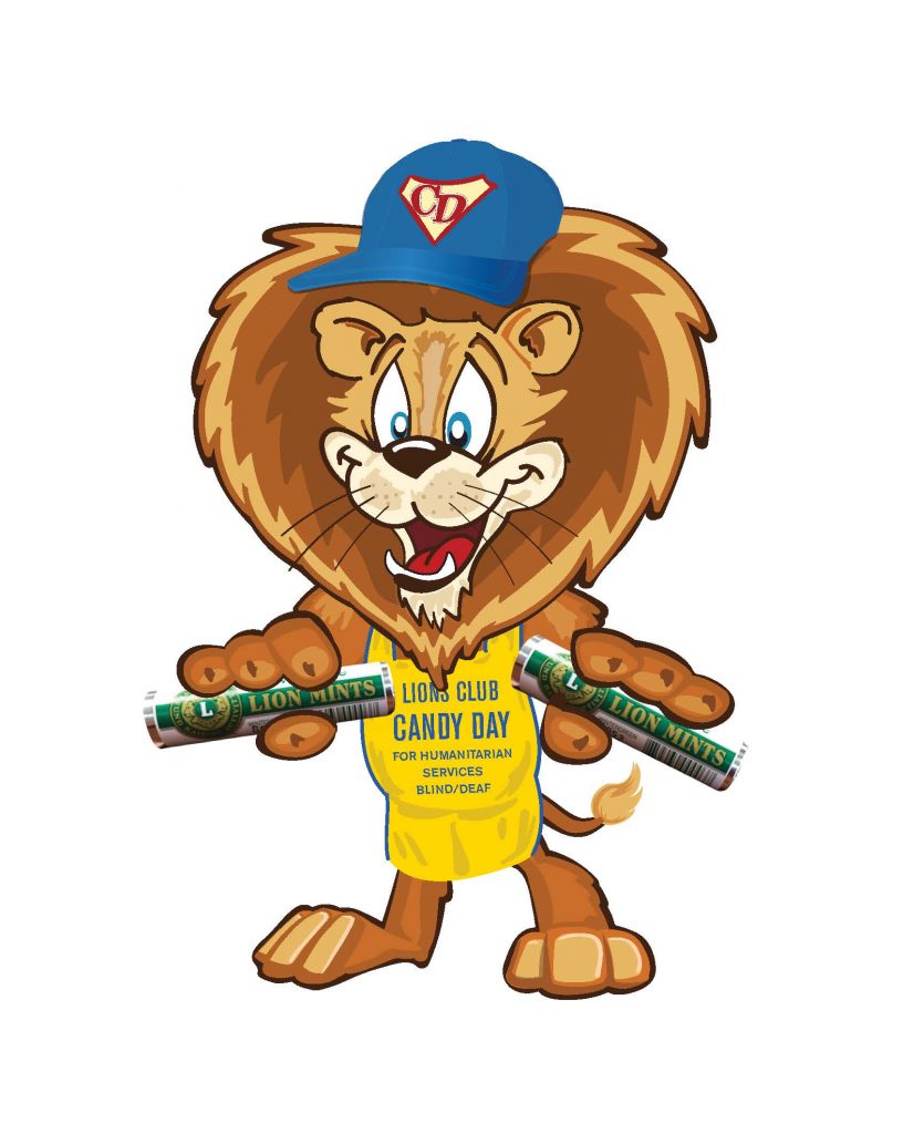 Digital Lions Club mascot holding candy.