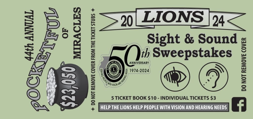 Graphic illustration of a Lions Club Sight & Sound Sweepstakes raffle ticket.