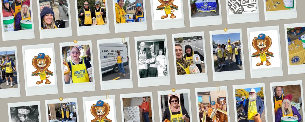 A collage of photographs of Lions and volunteers and the Lions mascot participating in Lions Candy Day