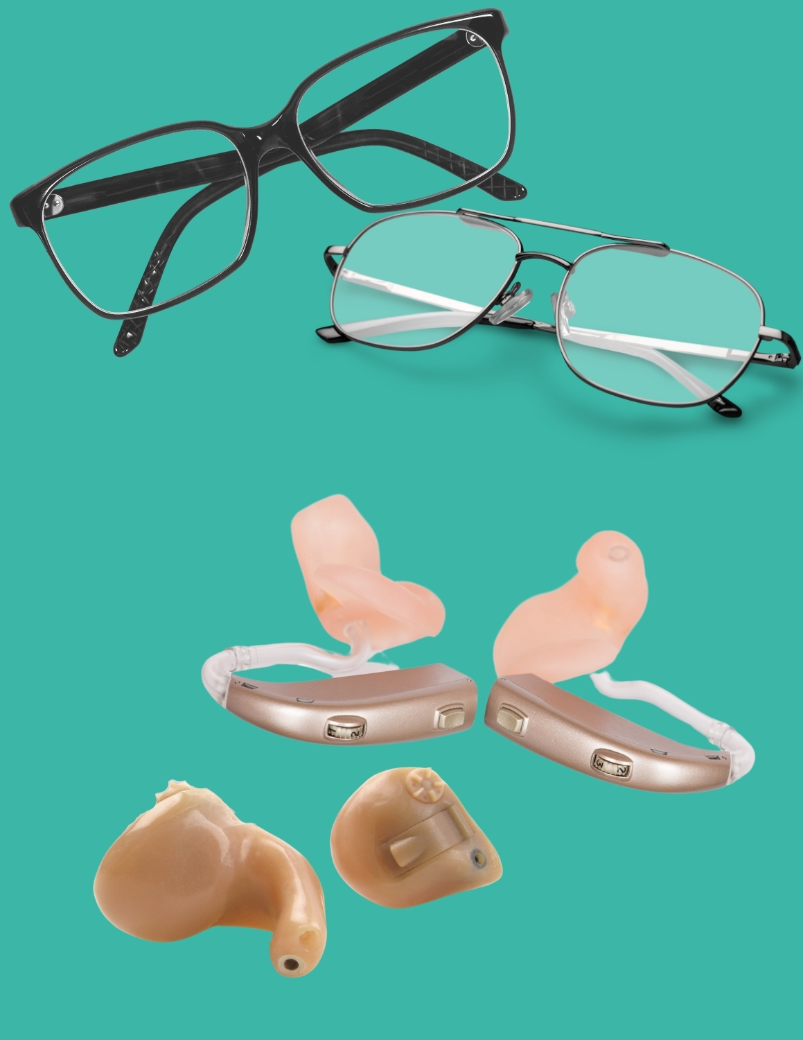 Digital image with two pairs of eyeglasses and two sets of hearing aids